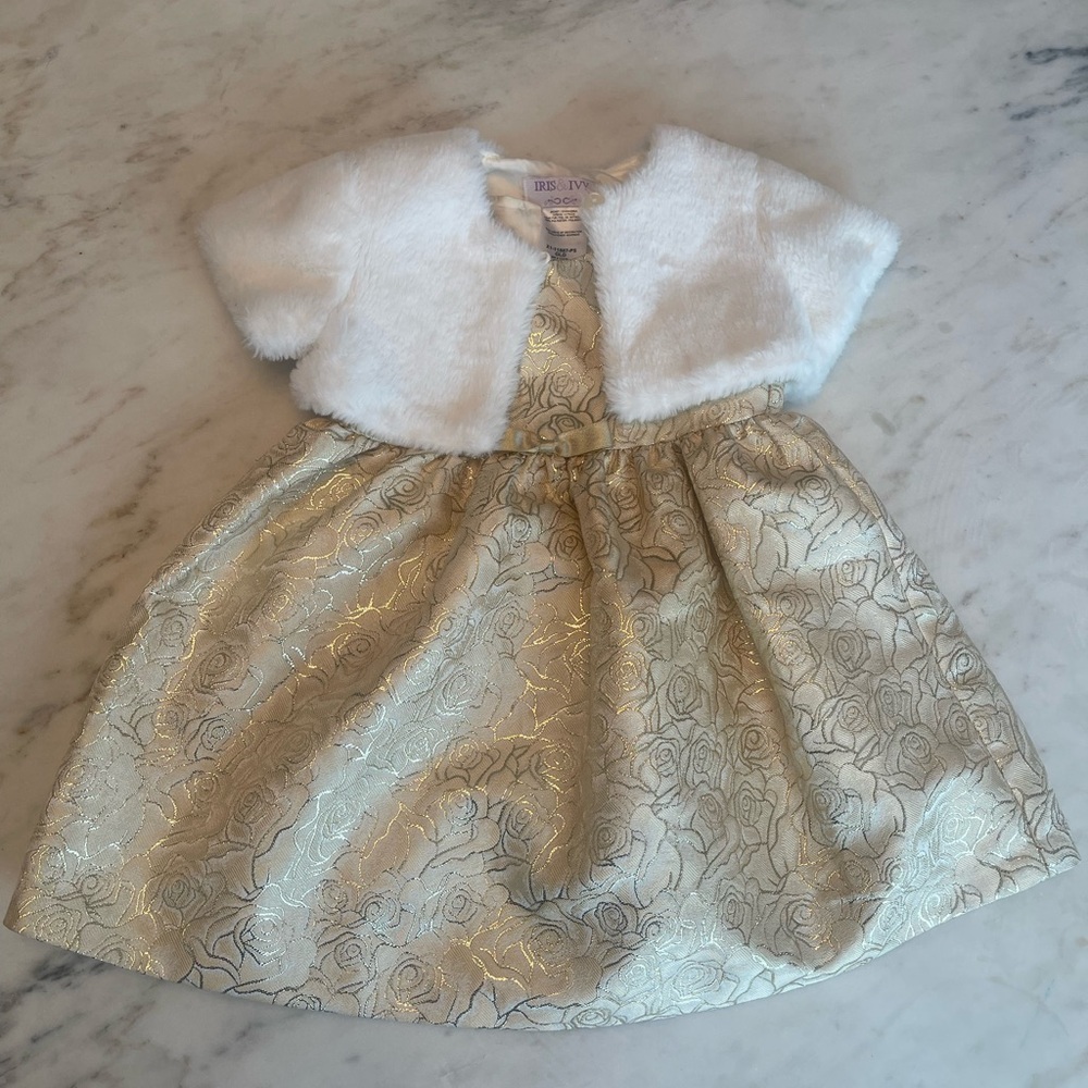 Iris & Ivy Gold Embroidered Fit & Flare Party Dress and Cardigan / Bolero